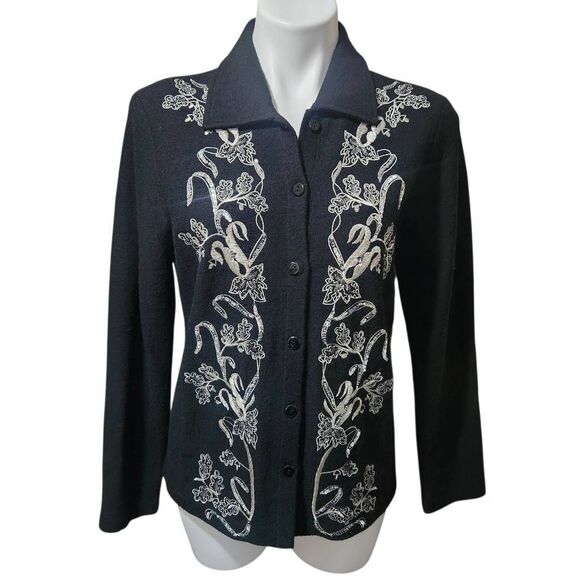 Jones New York Collection wool button front cardigan sweater black silver small - Picture 1 of 7